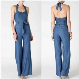 Elevenses N W T  Linen Blend Jumpsuit Blue Halter Tie Size 8 Wide Leg